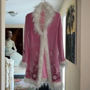 Pink and white faux fur trim, embroidered light weight coat new. Size M.